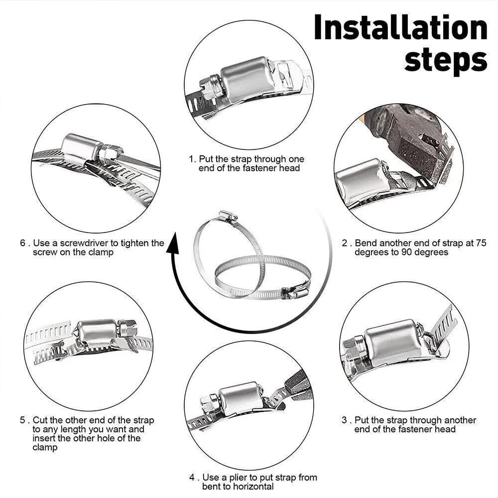 Kit coliere universale 5 metri,  inox 304 – banda perforata 12.5 mm, grosime 0.6 mm, 10 cleme cap ajustabile, coliere la orice diametru, auto/hvac/irigatii, mediu marin – onuvio