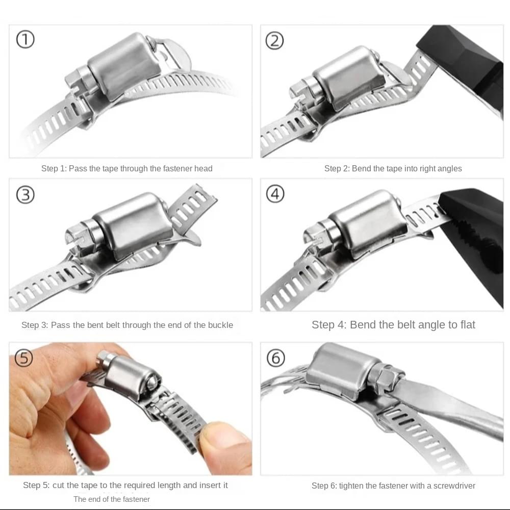 Kit coliere universale 10 metri,  inox 304 – banda perforata 12.5 mm, grosime 0.6 mm, 20 cleme cap ajustabile, coliere la orice diametru, auto/hvac/irigatii – onuvio