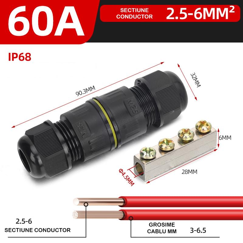 Conector impermeabil ip68 in linie 60a, cu bara de cupru – pentru conductoare 2.5–6 mm2, presetupe m25 diametru cablu 3–6.5 mm, circuite de putere exterior – onuvio
