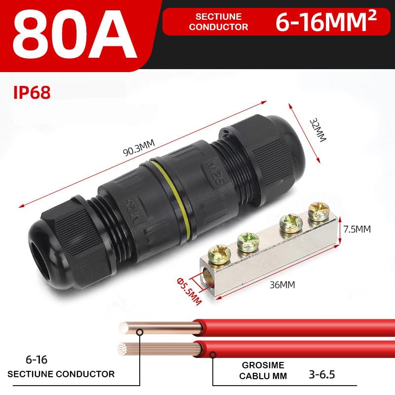 Conector impermeabil ip68 in linie 80a, cu bara de cupru – pentru conductoare 6–16 mm2, presetupe m25 diametru cablu 5-8 mm, circuite de putere exterior – onuvio