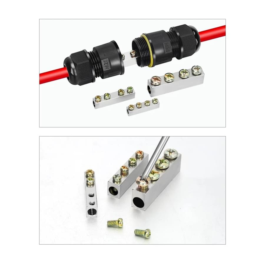 Conector impermeabil ip68 in linie 80a, cu bara de cupru – pentru conductoare 6–16 mm2, presetupe m25 diametru cablu 5-8 mm, circuite de putere exterior – onuvio