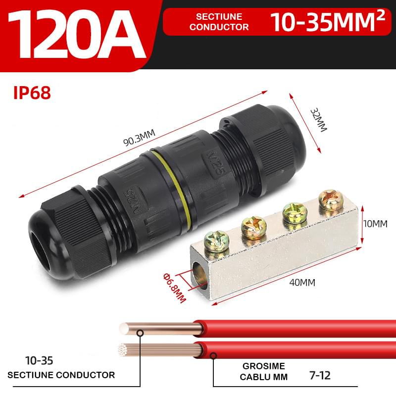 Conector impermeabil ip68 in linie 120a, cu bara de cupru – pentru conductoare 10–35 mm2, presetupe m25 diametru cablu 7–12 mm, circuite de putere exterior – onuvio