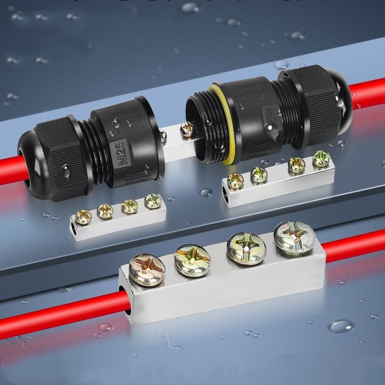 Conector impermeabil ip68 in linie 220a, cu bara de cupru – pentru conductoare 25–50 mm2, presetupe m25 diametru cablu 7–12 mm, circuite de putere exterior – onuvio