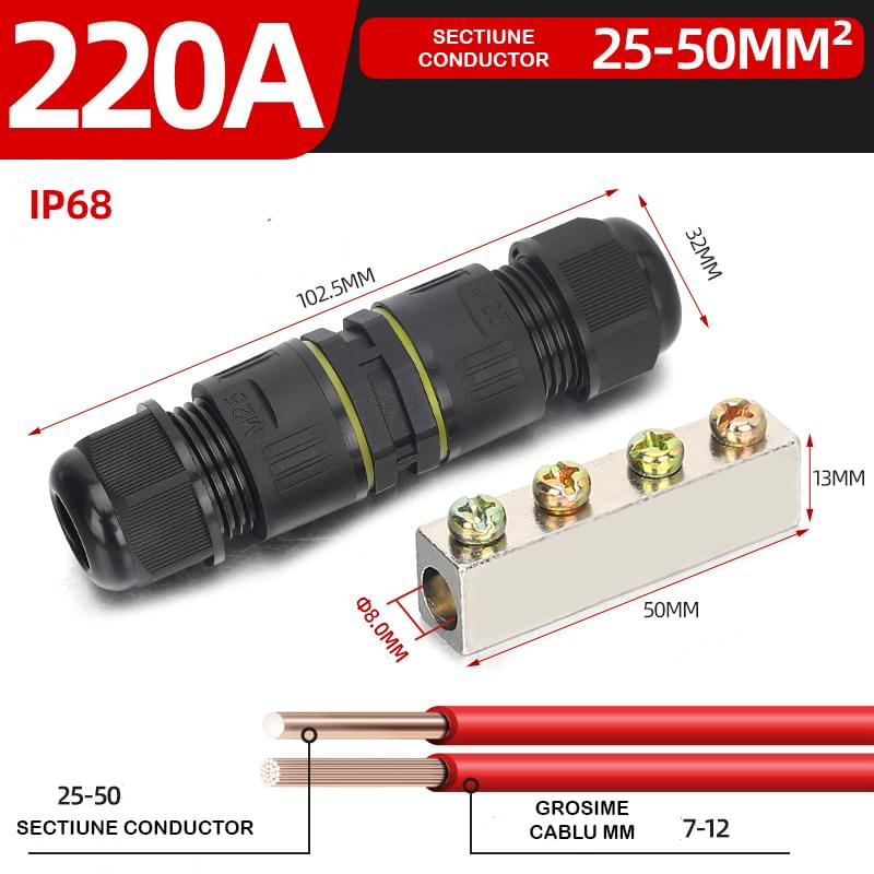 Conector impermeabil ip68 in linie 220a, cu bara de cupru – pentru conductoare 25–50 mm2, presetupe m25 diametru cablu 7–12 mm, circuite de putere exterior – onuvio