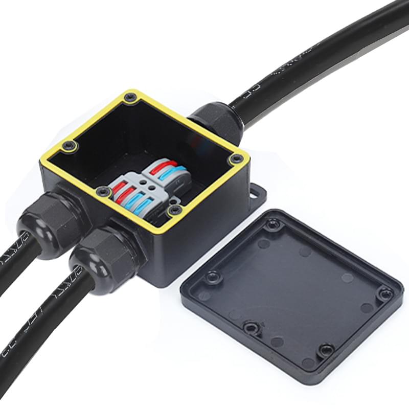 Doza de legatura exterior pa66, ip68 rezistent la apa, 1 intrare 2 iesiri, conector rapid cu levier 633 – cabluri Ø 5–8 mm, sectiune pana la 4 mm2, 32a 250v – onuvio