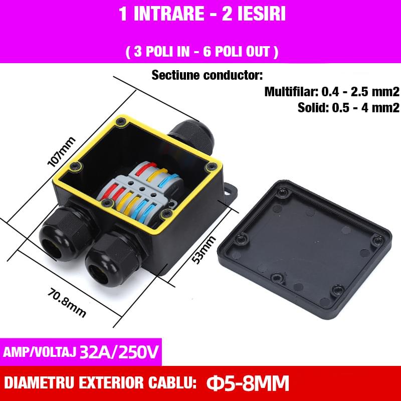 Doza de legatura exterior pa66, ip68 rezistent la apa, 1 intrare 2 iesiri, conector rapid cu levier 633 – cabluri Ø 5–8 mm, sectiune pana la 4 mm2, 32a 250v – onuvio