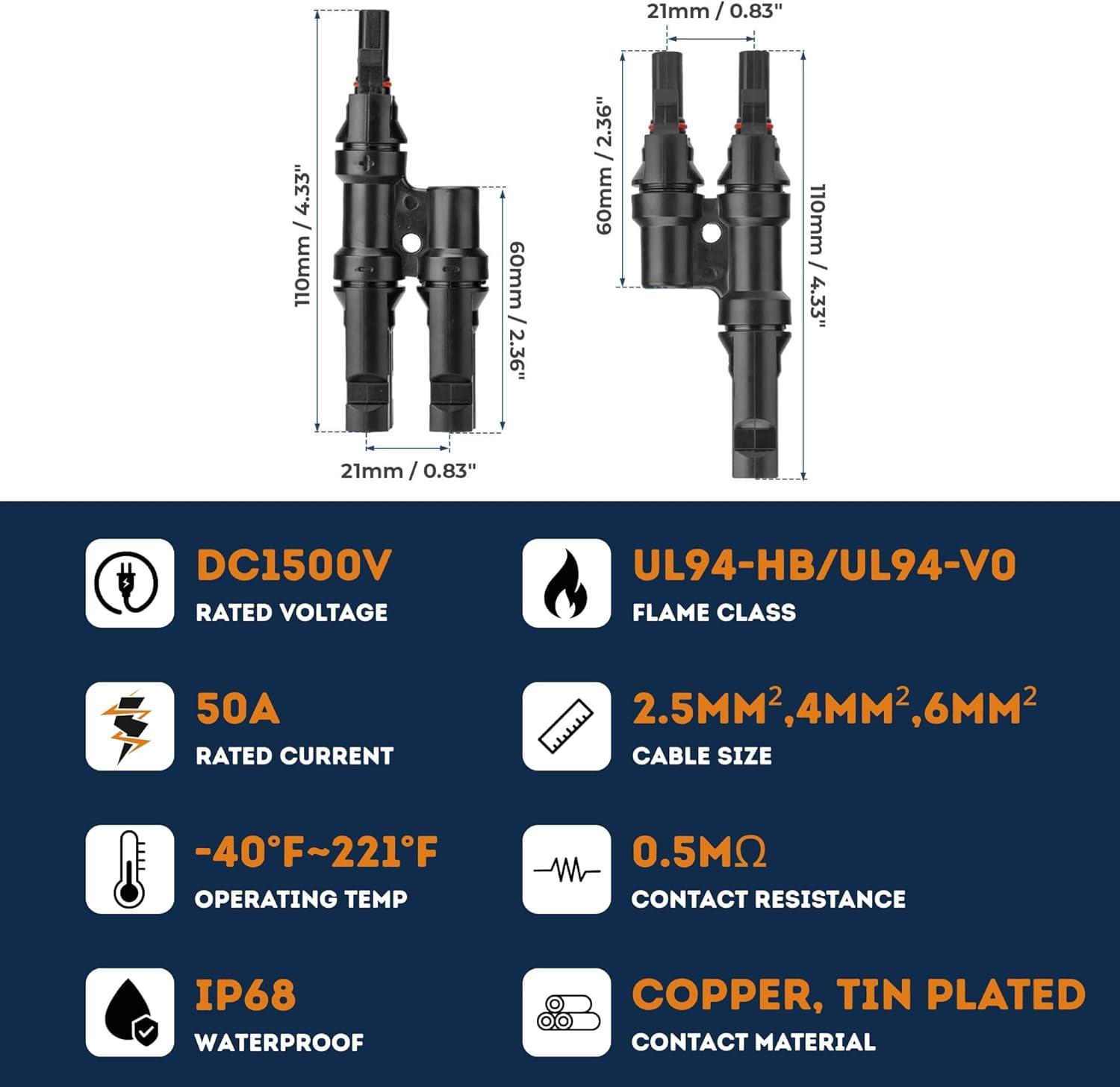 Splitter conector solar mc4 tip t 1 la 2 – pereche m→ff + f→mm, 1500v dc 50a, ip68, material ppo, rezistent uv, pentru cabluri 2.5 mm2, 4 mm2, 6 mm2 – onuvio®