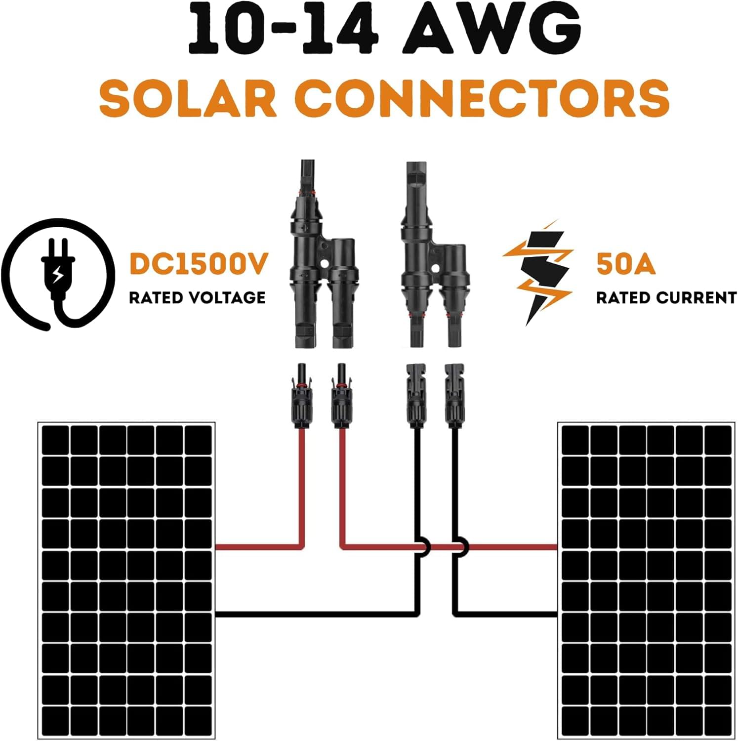 Splitter conector solar mc4 tip t 1 la 2 – pereche m→ff + f→mm, 1500v dc 50a, ip68, material ppo, rezistent uv, pentru cabluri 2.5 mm2, 4 mm2, 6 mm2 – onuvio®