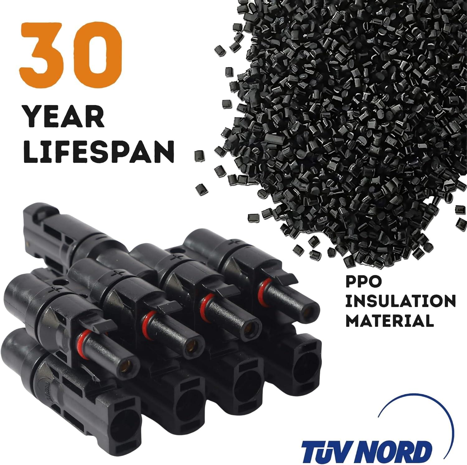 Splitter conector solar mc4 tip t 1 la 4 – pereche m→ffff + f→mmmm, 1500v dc 50a, ip68, material ppo, rezistent uv, pentru cabluri 2.5 mm2, 4 mm2, 6 mm2 – onuvio®