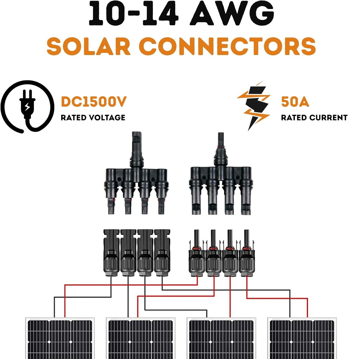 Splitter conector solar mc4 tip t 1 la 4 – pereche m→ffff + f→mmmm, 1500v dc 50a, ip68, material ppo, rezistent uv, pentru cabluri 2.5 mm2, 4 mm2, 6 mm2 – onuvio®