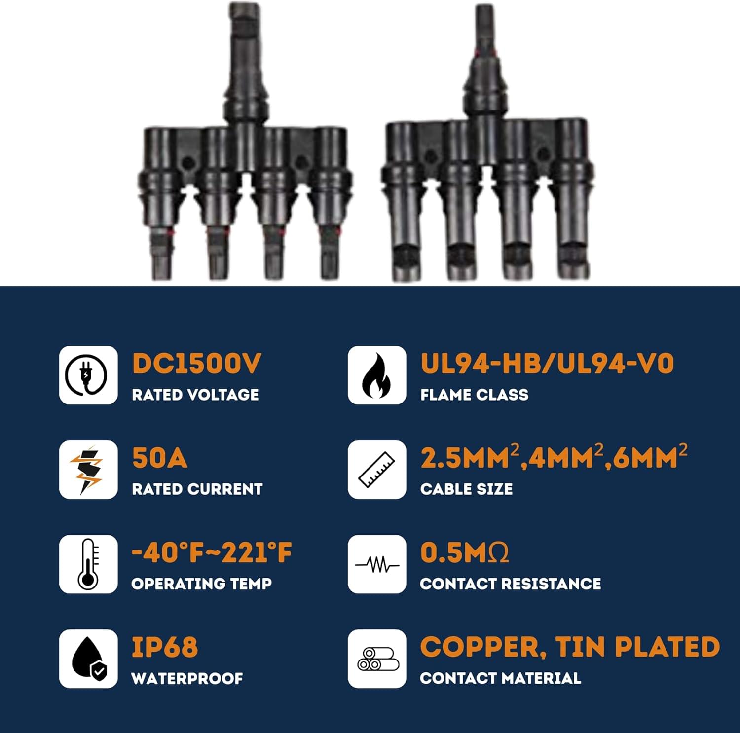 Splitter conector solar mc4 tip t 1 la 4 – pereche m→ffff + f→mmmm, 1500v dc 50a, ip68, material ppo, rezistent uv, pentru cabluri 2.5 mm2, 4 mm2, 6 mm2 – onuvio®