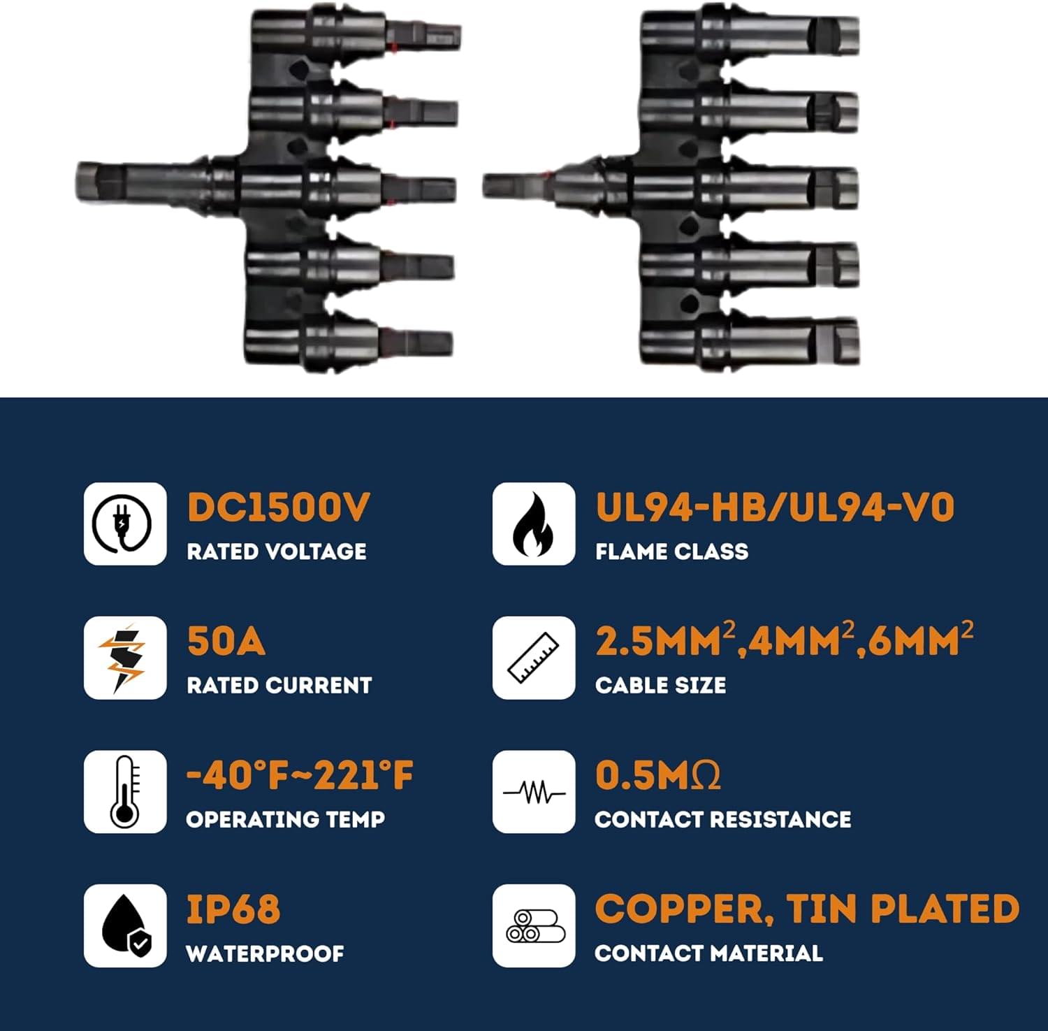 Splitter conector solar mc4 tip t 1 la 5 – pereche m→fffff + f→mmmmm, 1500v dc 50a, ip68, material ppo, rezistent uv, pentru cabluri 2.5 mm2, 4 mm2, 6 mm2 – onuvio®