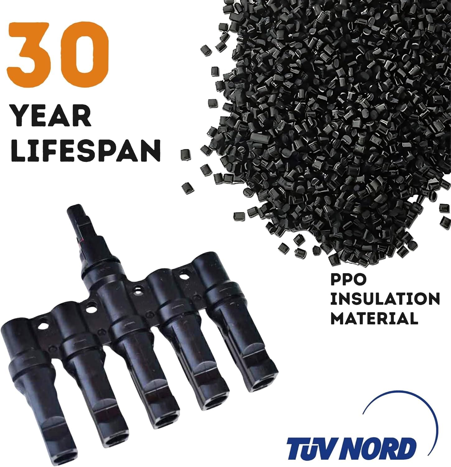 Splitter conector solar mc4 tip t 1 la 5 – pereche m→fffff + f→mmmmm, 1500v dc 50a, ip68, material ppo, rezistent uv, pentru cabluri 2.5 mm2, 4 mm2, 6 mm2 – onuvio®