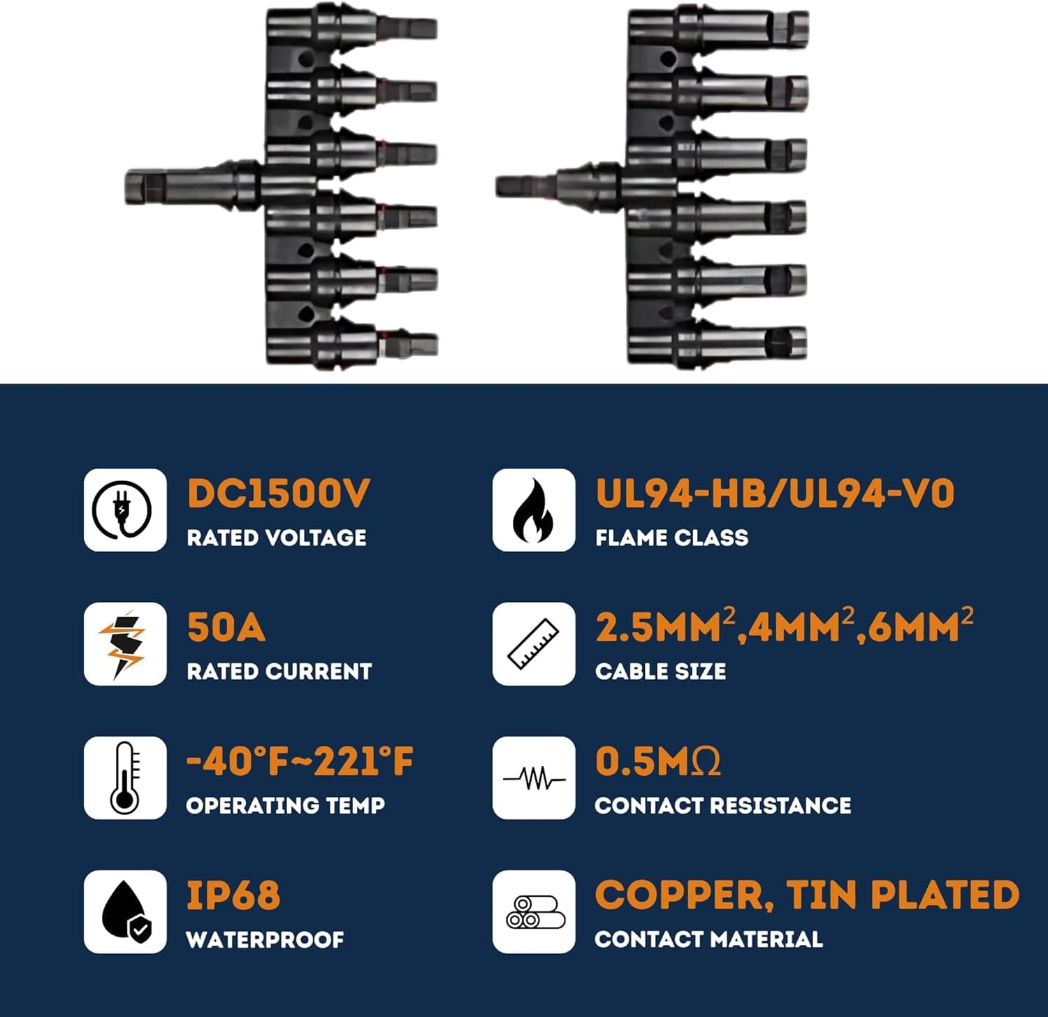 Splitter conector solar mc4 tip t 1 la 6 – pereche m→ffffff + f→mmmmmm, 1500v dc 50a, ip68, material ppo, rezistent uv, pentru cabluri 2.5 mm2, 4 mm2, 6 mm2 – onuvio®