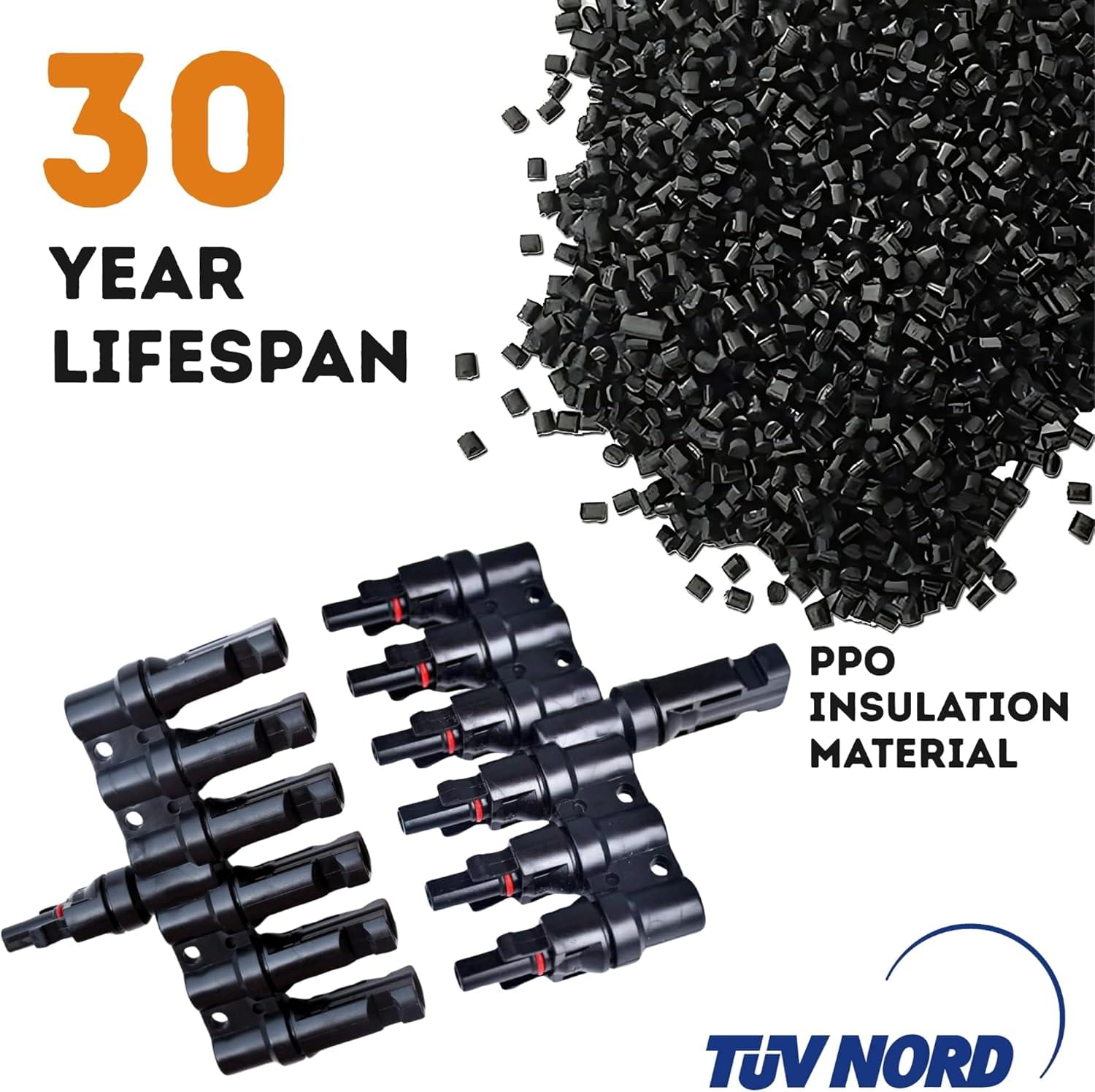 Splitter conector solar mc4 tip t 1 la 6 – pereche m→ffffff + f→mmmmmm, 1500v dc 50a, ip68, material ppo, rezistent uv, pentru cabluri 2.5 mm2, 4 mm2, 6 mm2 – onuvio®