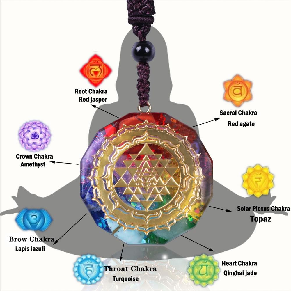 Colier dama orgonic cu 7 chakre pentru protectie energetica si vindecare spirituala cu simbol sri yantra, onuvio®