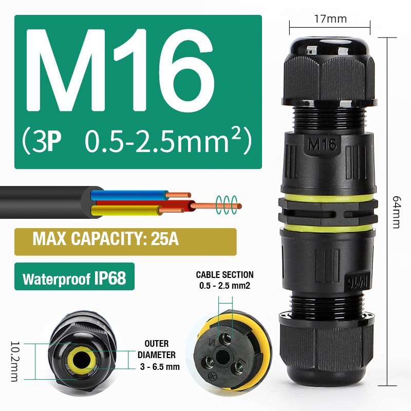 Set 2 buc, conector in linie impermeabil ip68, exterior, m16, 3 poli, sectiune cablu 0.5-2.5 mm2, diametru cablu 3-6.5 mm - onuvio®