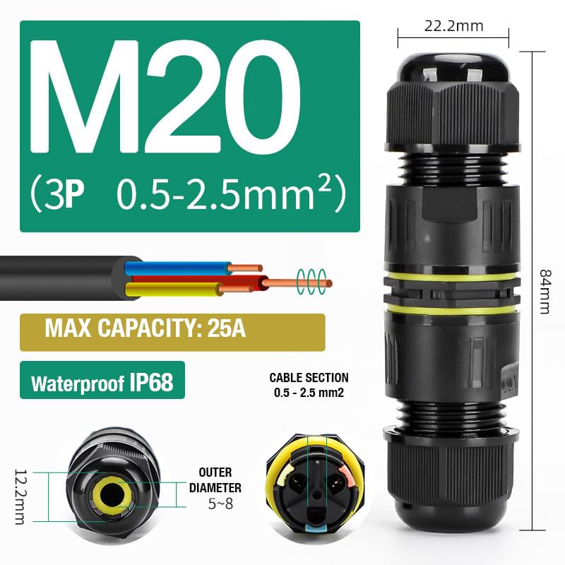 Set 2 buc, conector in linie impermeabil ip68, exterior, m20, 3 poli, sectiune cablu 0.5-2.5 mm2, diametru cablu 5-8 mm, prindere pe levier - onuvio®