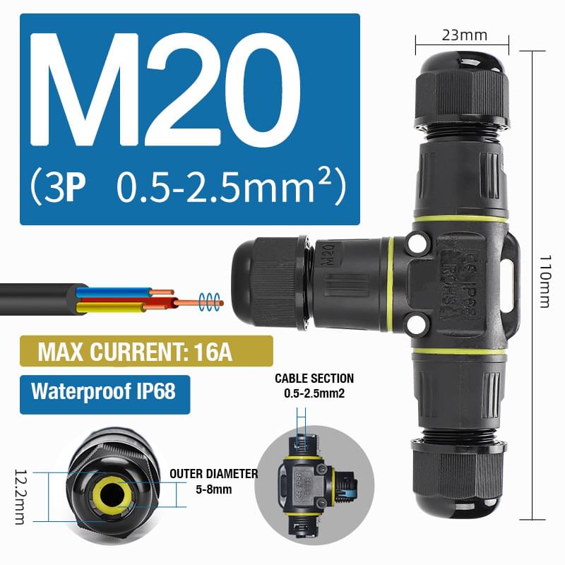 Conector derivatie t impermeabil ip68, exterior, m20, 3 poli, sectiune cablu 0.5-2.5 mm2, diametru cablu 5-8 mm, prindere pe levier - onuvio®