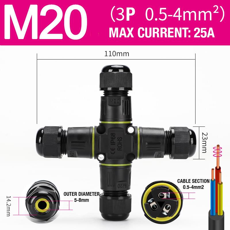 Conector derivatie x impermeabil ip68, exterior, m20, 3 poli, sectiune cablu 0.5-4 mm2, diametru cablu 5-8 mm, prindere pe surub - onuvio®