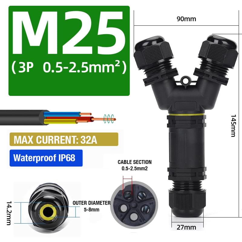 Conector derivatie y impermeabil ip68, exterior, m25, 3 poli, sectiune cablu 0.5-2.5 mm2, diametru cablu 5-8 mm, prindere pe surub - onuvio®