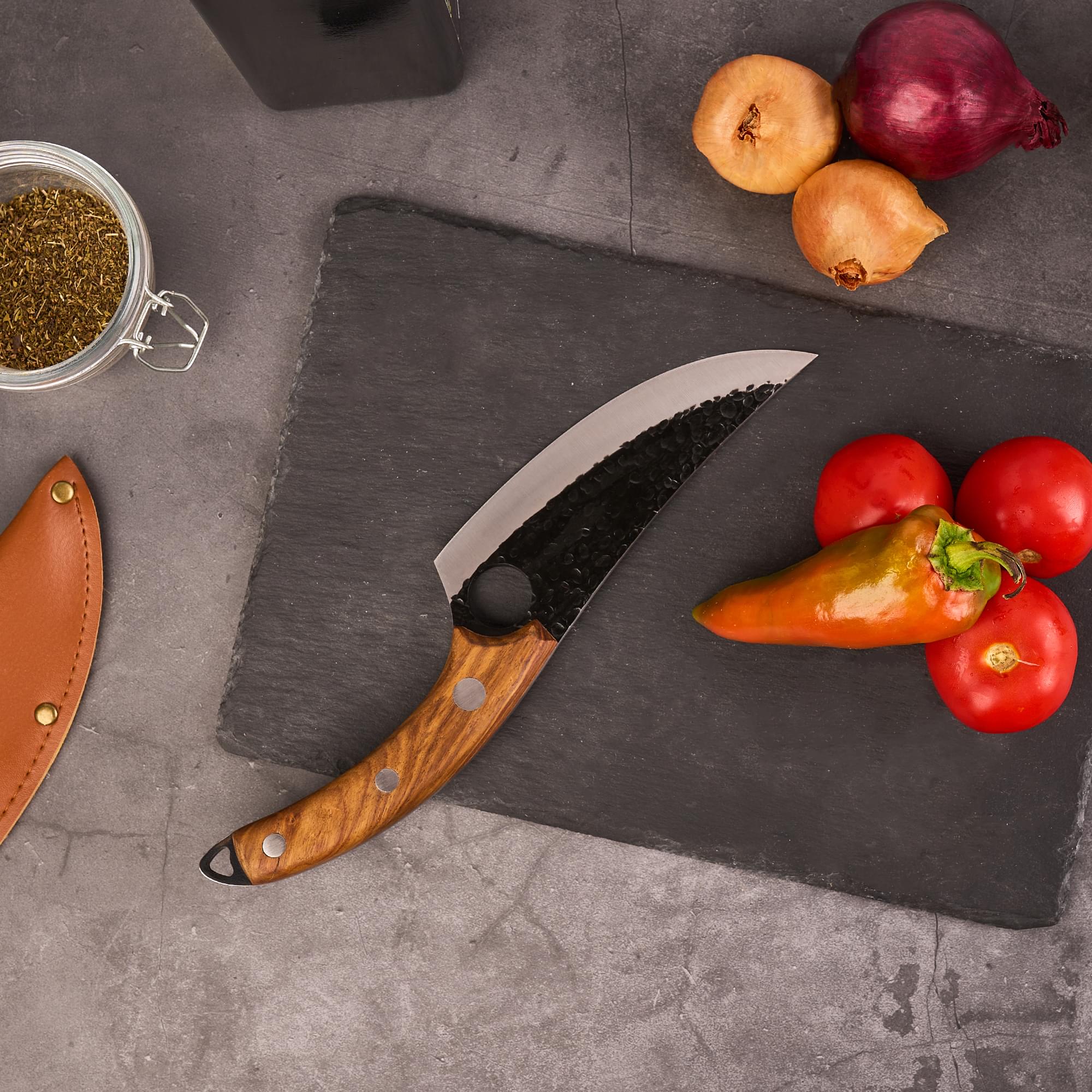 Cuțit profesional onuvio®,  full tang, universal pentru bucătărie, feliat, tranșat, tocat, otel carbon, lama forjata, 270mm,  husa inclusa, maro