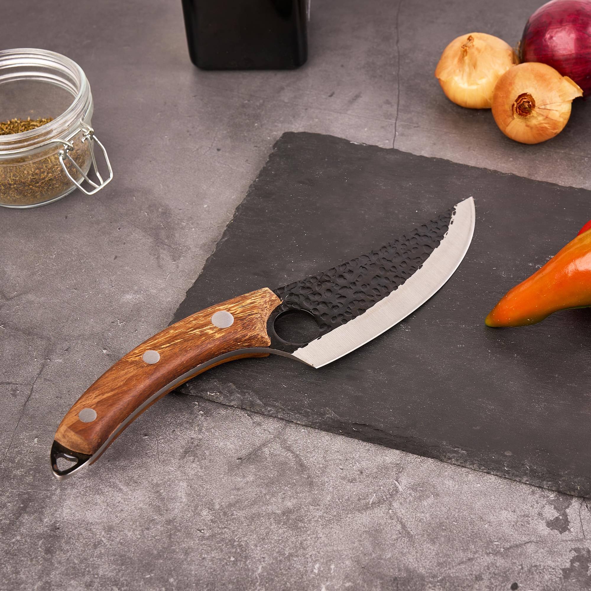 Cuțit profesional onuvio®,  full tang, universal pentru bucătărie, feliat, tranșat, tocat, otel carbon, lama forjata, 270mm,  husa inclusa, maro