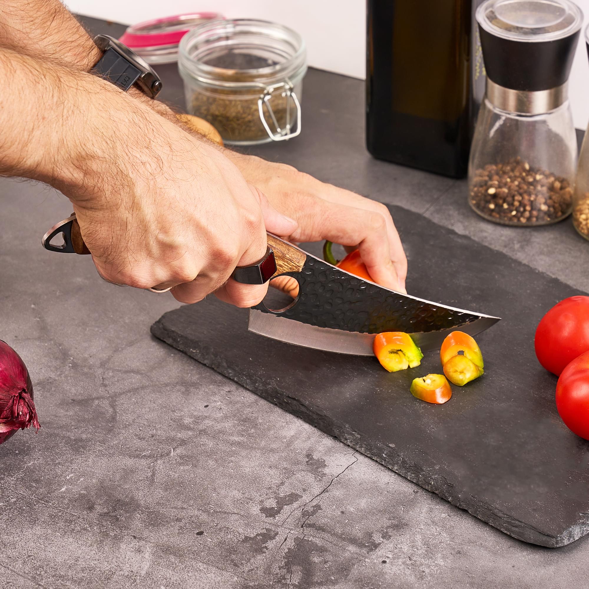 Cuțit profesional onuvio®,  full tang, universal pentru bucătărie, feliat, tranșat, tocat, otel carbon, lama forjata, 270mm,  husa inclusa, maro