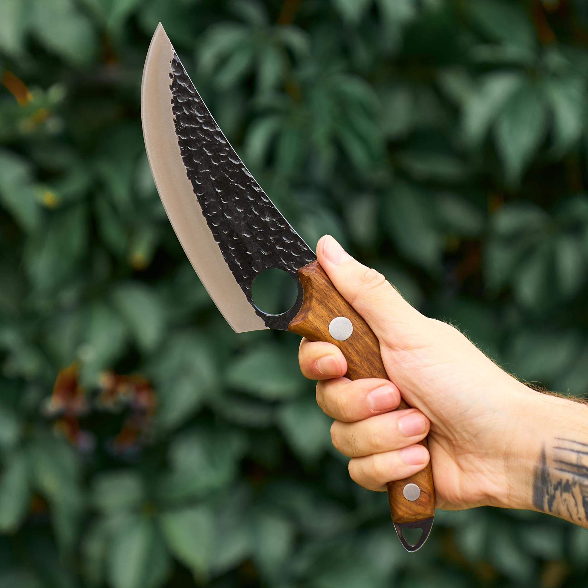 Cuțit profesional onuvio®,  full tang, universal pentru bucătărie, feliat, tranșat, tocat, otel carbon, lama forjata, 270mm,  husa inclusa, maro