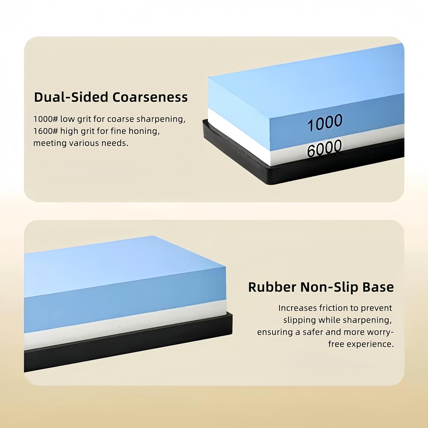 Set profesional ascutit cutite onuvio®, sistem complet 9 piese, pietre apa whetstone 1000/3000 & 6000, ghidaj unghi, baza bambus, curea piele si manusa protectie