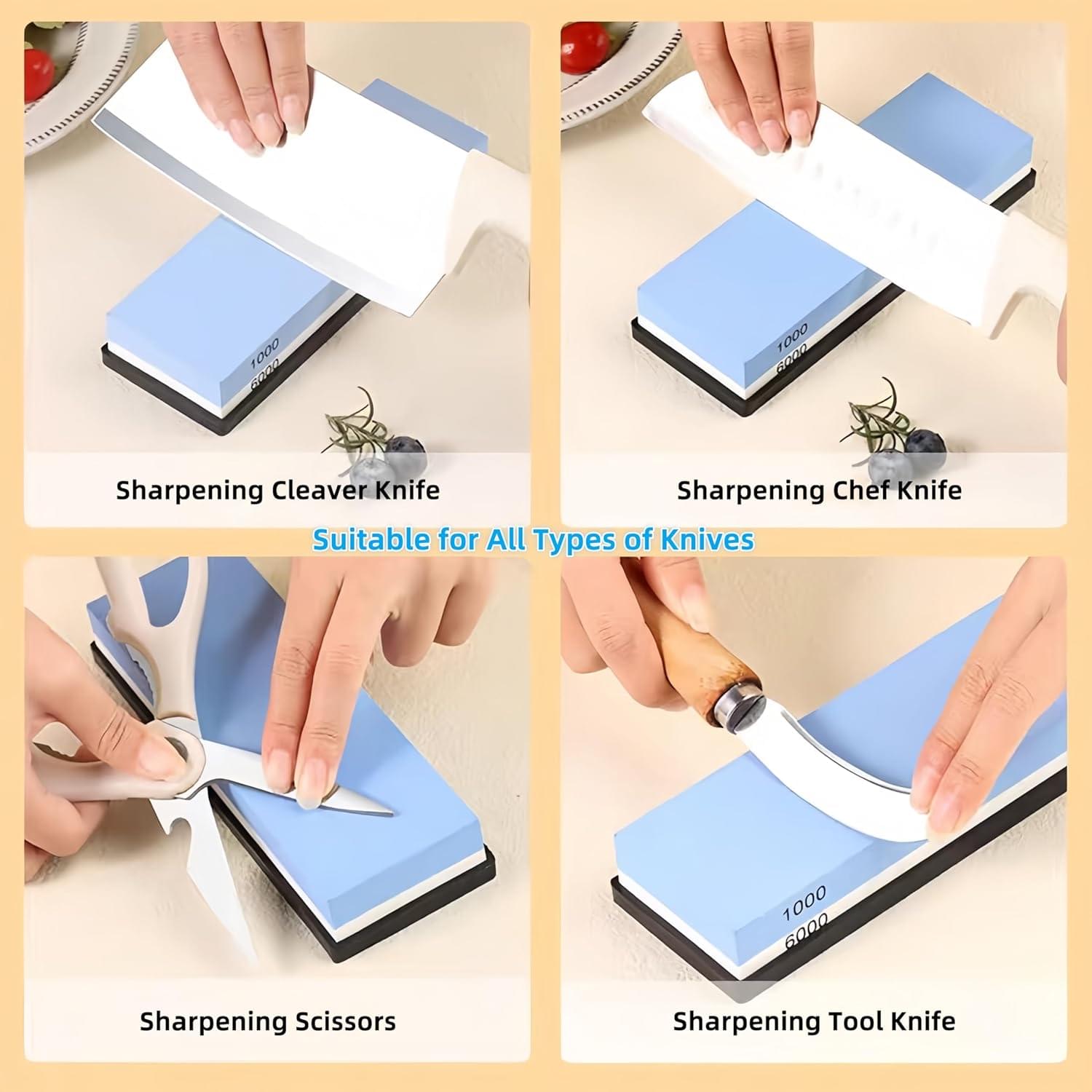 Set profesional ascutit cutite onuvio®, sistem complet 9 piese, pietre apa whetstone 1000/3000 & 6000, ghidaj unghi, baza bambus, curea piele si manusa protectie