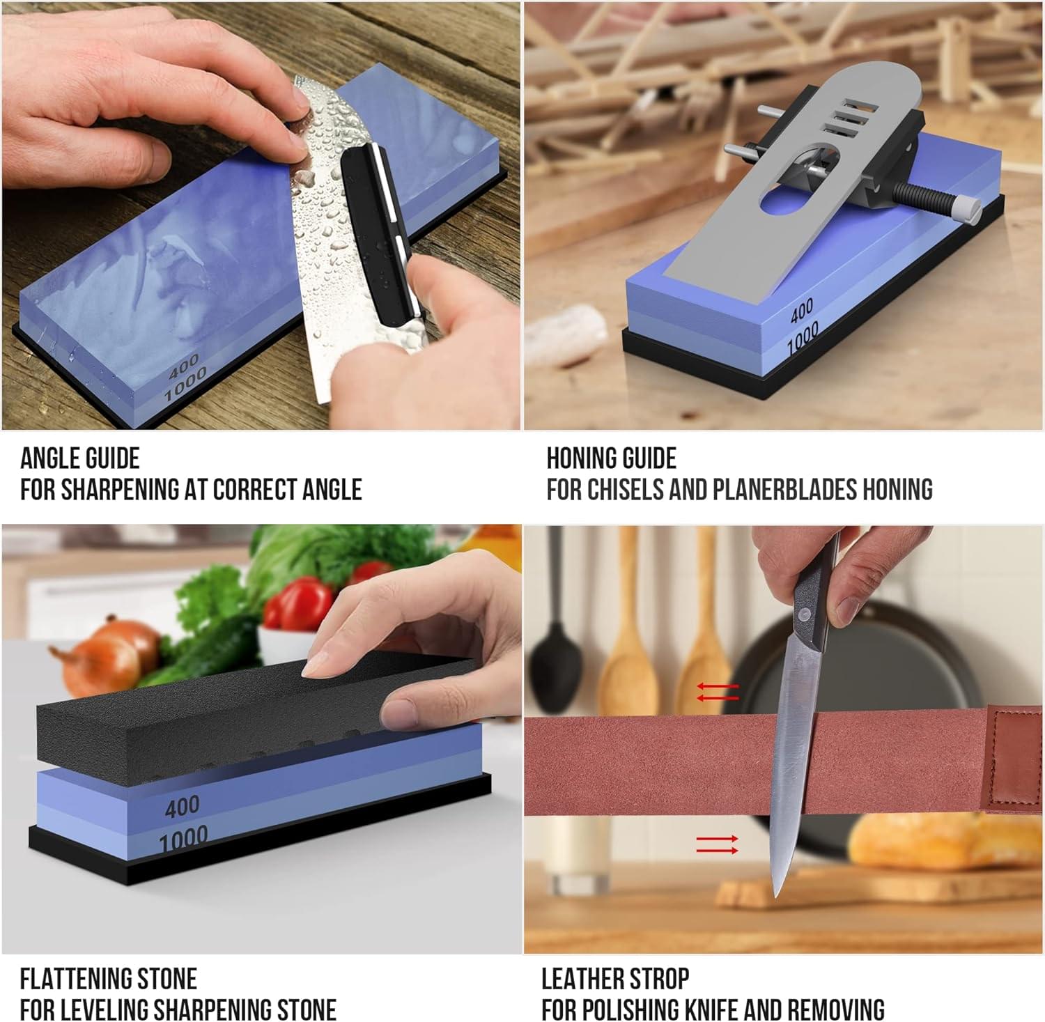 Set profesional ascutit cutite onuvio®, sistem avansat 12 piese, pietre apa whetstone 400–8000, ghidaj unghi, suport fixare lama, baza bambus, curea piele si manusa protectie