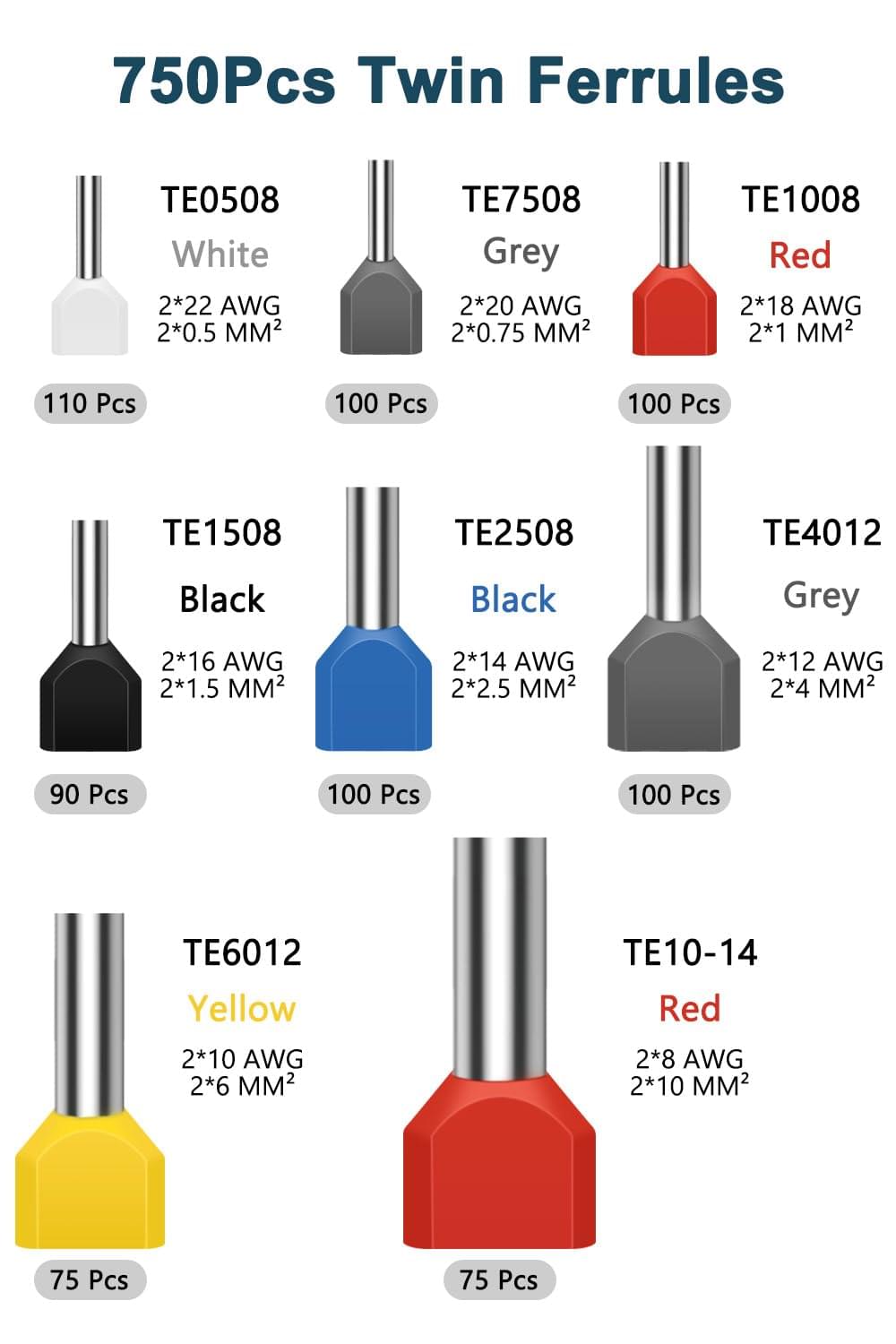 Set pini terminali dubli onuvio®, 750 bucati, ferrule duble te 0.5–10mm2 (awg 22–8), pentru sertizare cabluri electrice, organizator inclus