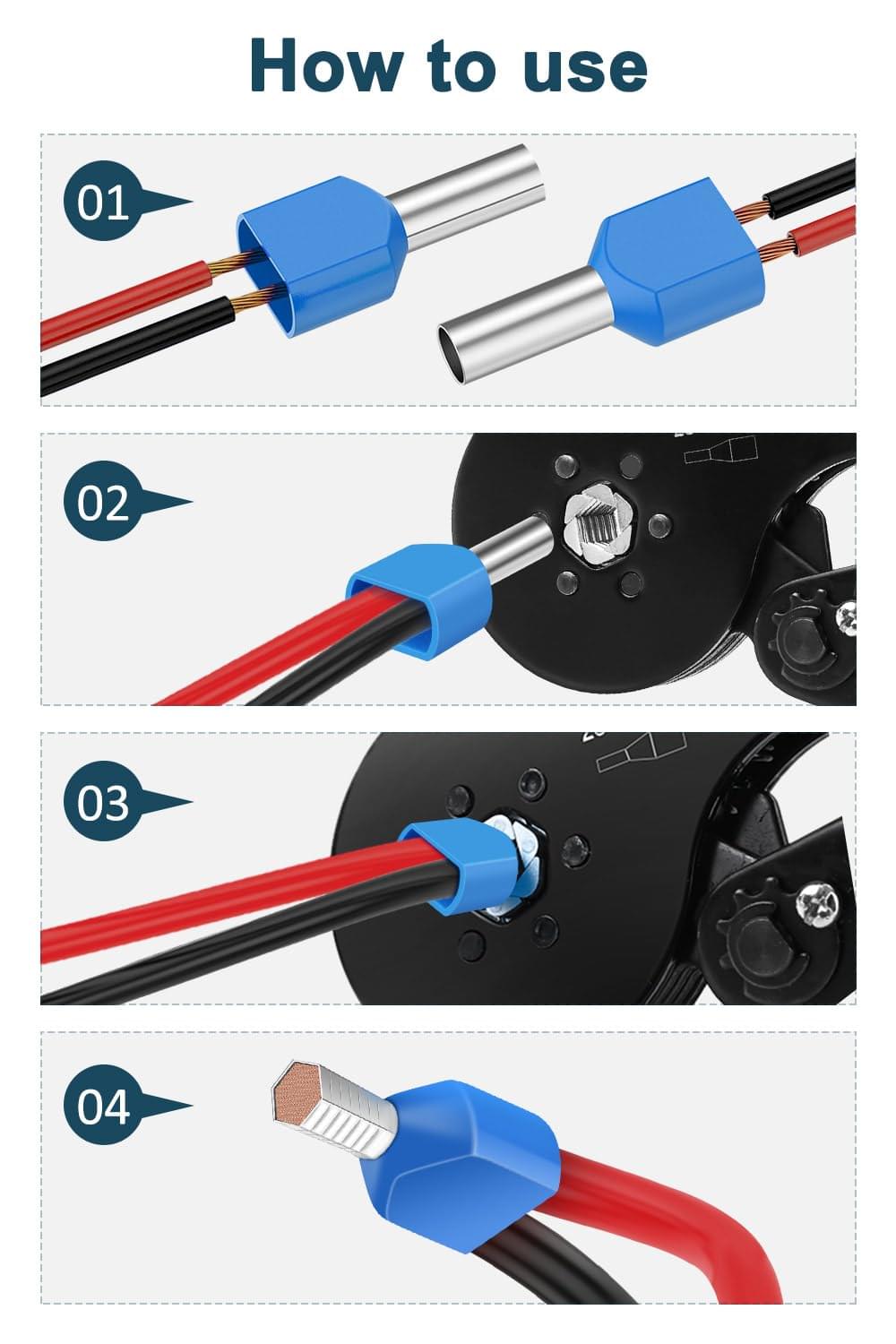 Set pini terminali dubli onuvio®, 750 bucati, ferrule duble te 0.5–10mm2 (awg 22–8), pentru sertizare cabluri electrice, organizator inclus