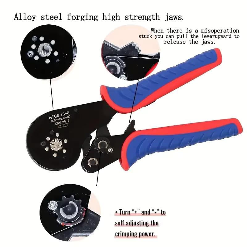 Set sertizare cabluri onuvio®, cleste profesional hexagonal hsc8 16-6, 0.08–16mm2, autoreglabil, + 1900 pini terminali (ferule) 