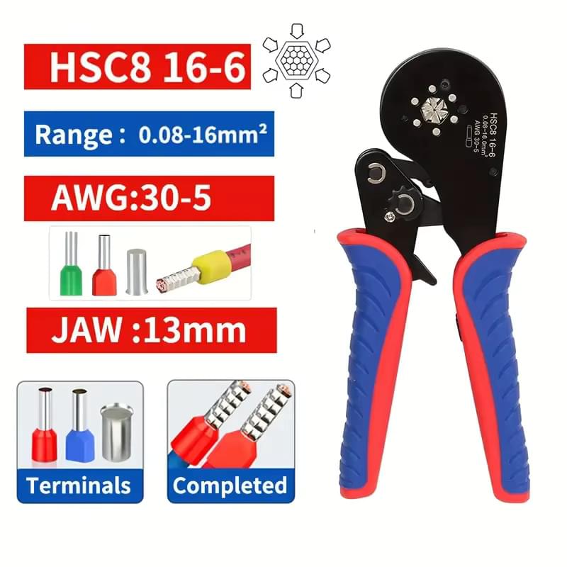 Set sertizare cabluri onuvio®, cleste profesional hexagonal hsc8 16-6, 0.08–16mm2, autoreglabil, + 1900 pini terminali (ferule) 