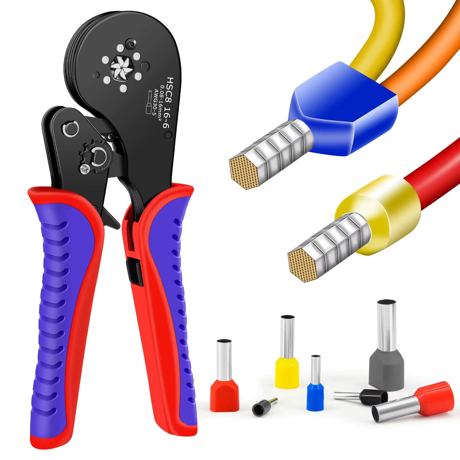 Set sertizare cabluri onuvio®, cleste profesional hexagonal hsc8 16-6, 0.08–16mm2, autoreglabil, + 1900 pini terminali (ferule) 