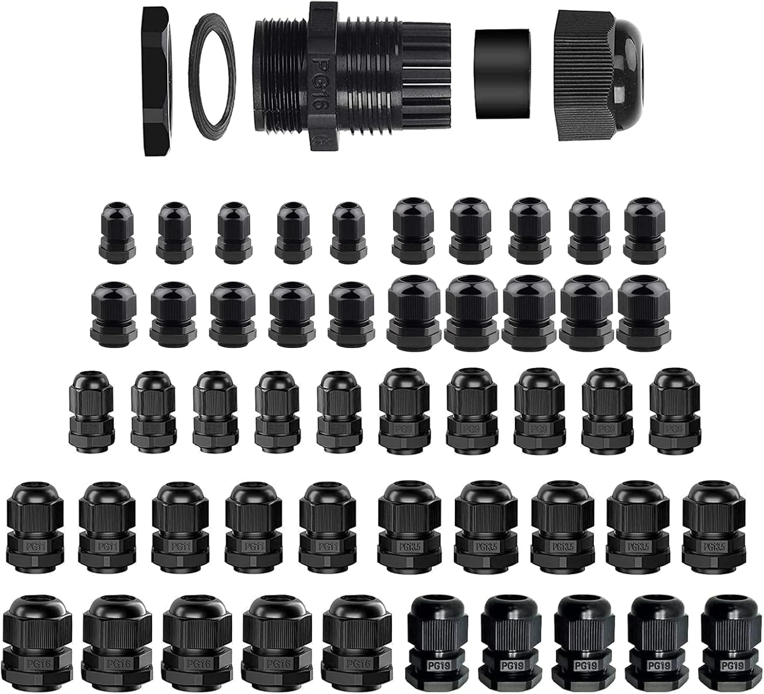 Set 50 presetupe cabluri onuvio®, m12-m25, ip68, filet metric, etansare waterproof, plastic nylon, cutie organizare, negru