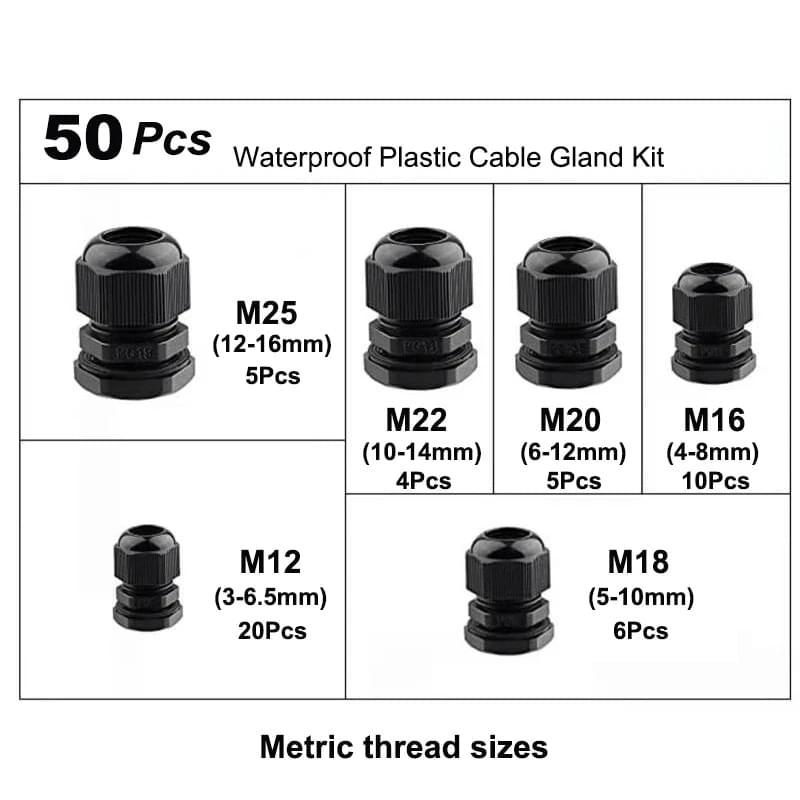 Set 50 presetupe cabluri onuvio®, m12-m25, ip68, filet metric, etansare waterproof, plastic nylon, cutie organizare, negru