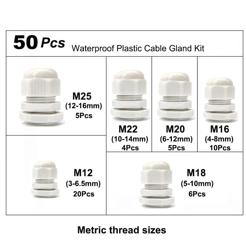 Set 50 presetupe cabluri onuvio®, m12-m25, ip68, filet metric, etansare waterproof, plastic nylon, cutie organizare, alb