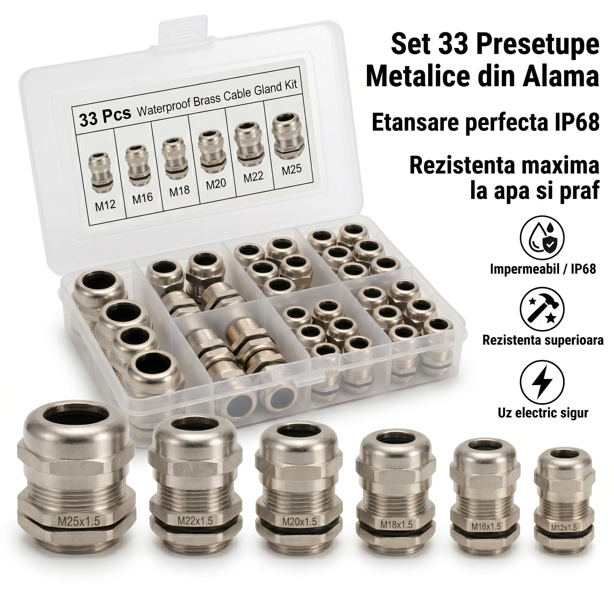 Set 33 presetupe metalice din alama onuvio®, m12-m25, ip68, heavy duty, filet metric, etansare profesionala, cutie organizare