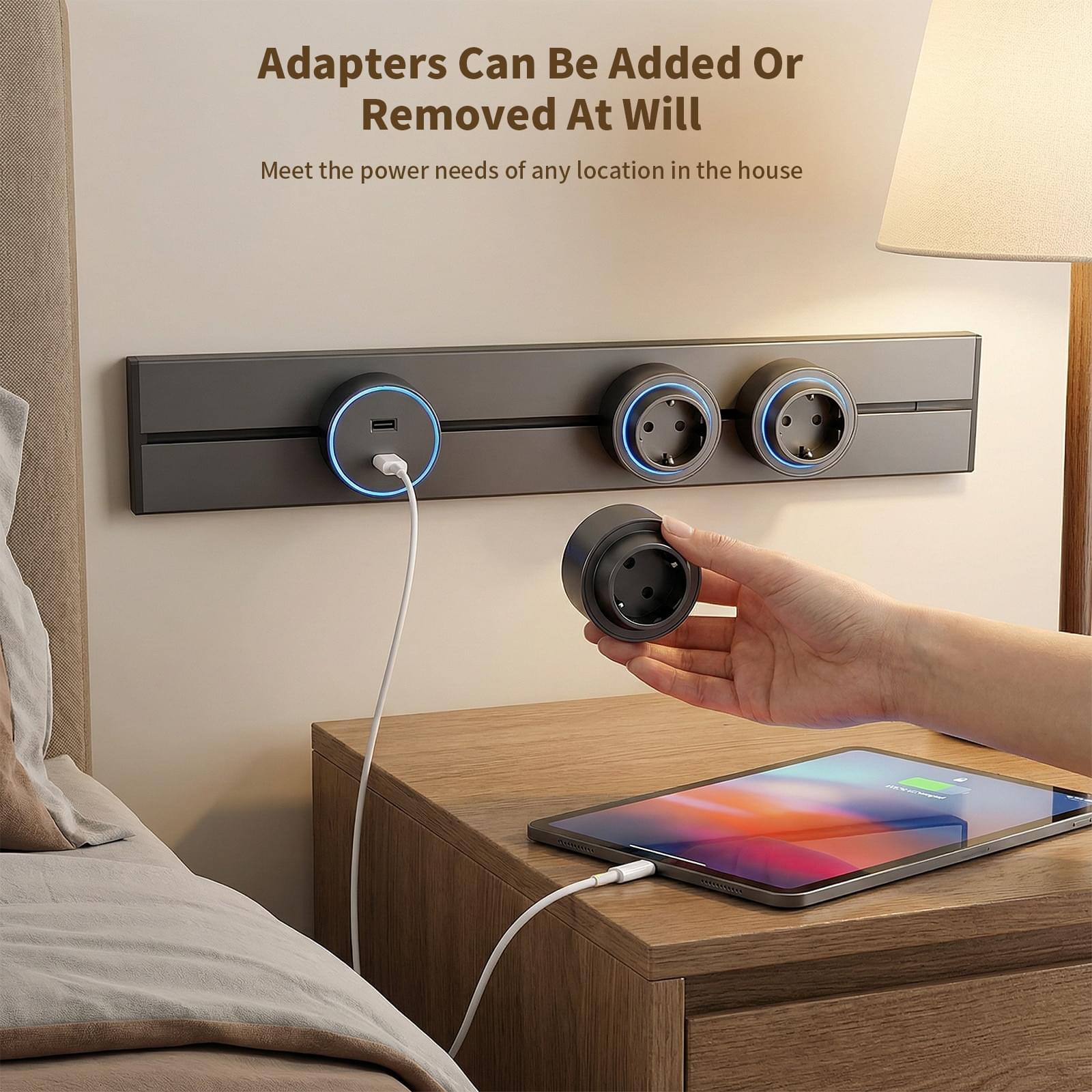 Sina modulara prize onuvio® 50cm, 8000w, 4 adaptoare (3x priza eu cu impamantare + 1x usb + type-c), montaj perete/blat, sistem premium birou/bucatarie, gri