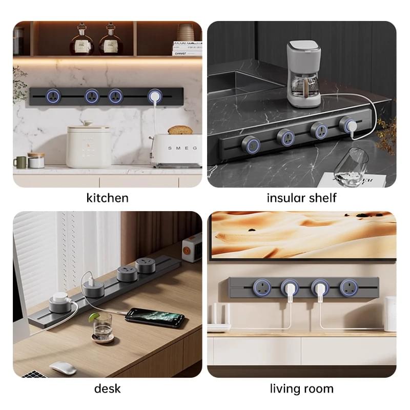 Sina modulara prize onuvio® 50cm, 8000w, 4 adaptoare (3x priza eu cu impamantare + 1x usb + type-c), montaj perete/blat, sistem premium birou/bucatarie, negru
