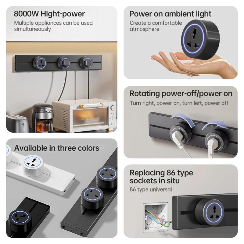 Sina modulara prize onuvio® 50cm, 8000w, 4 adaptoare (3x priza eu cu impamantare + 1x usb + type-c), montaj perete/blat, sistem premium birou/bucatarie, negru