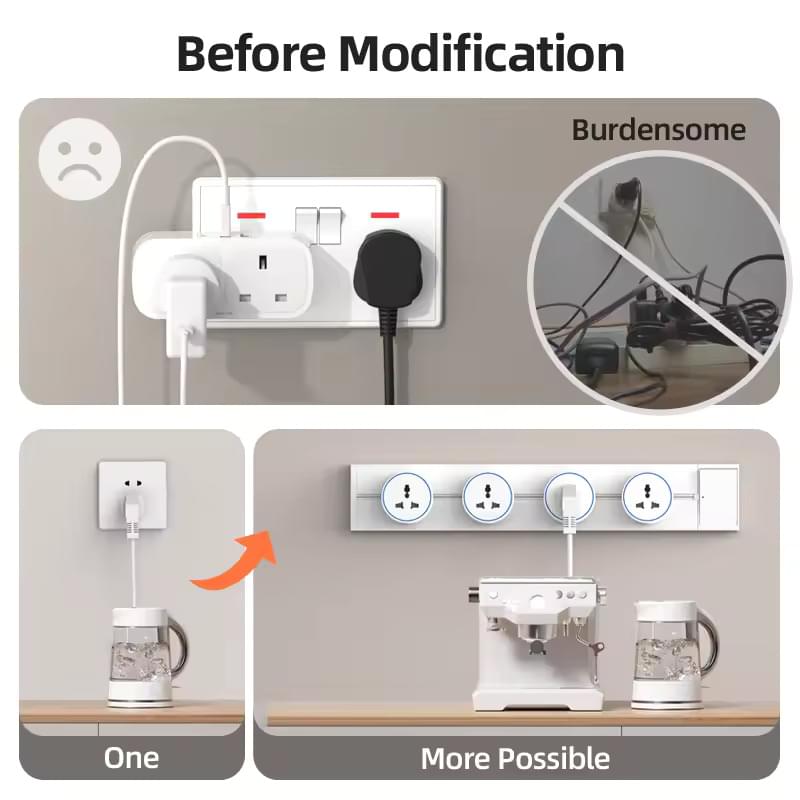 Sina modulara prize onuvio® 50cm, 8000w, 4 adaptoare (3x priza eu cu impamantare + 1x usb + type-c), montaj perete/blat, sistem premium birou/bucatarie, alb