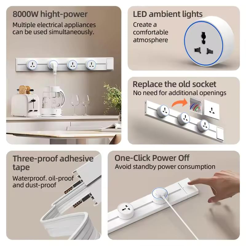 Sina modulara prize onuvio® 50cm, 8000w, 4 adaptoare (3x priza eu cu impamantare + 1x usb + type-c), montaj perete/blat, sistem premium birou/bucatarie, alb