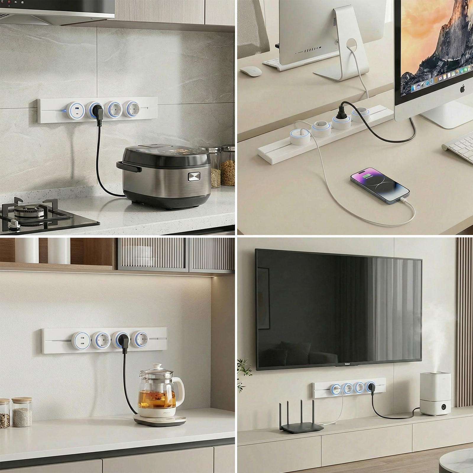 Sina modulara prize onuvio® 50cm, 8000w, 4 adaptoare (3x priza eu cu impamantare + 1x usb + type-c), montaj perete/blat, sistem premium birou/bucatarie, alb