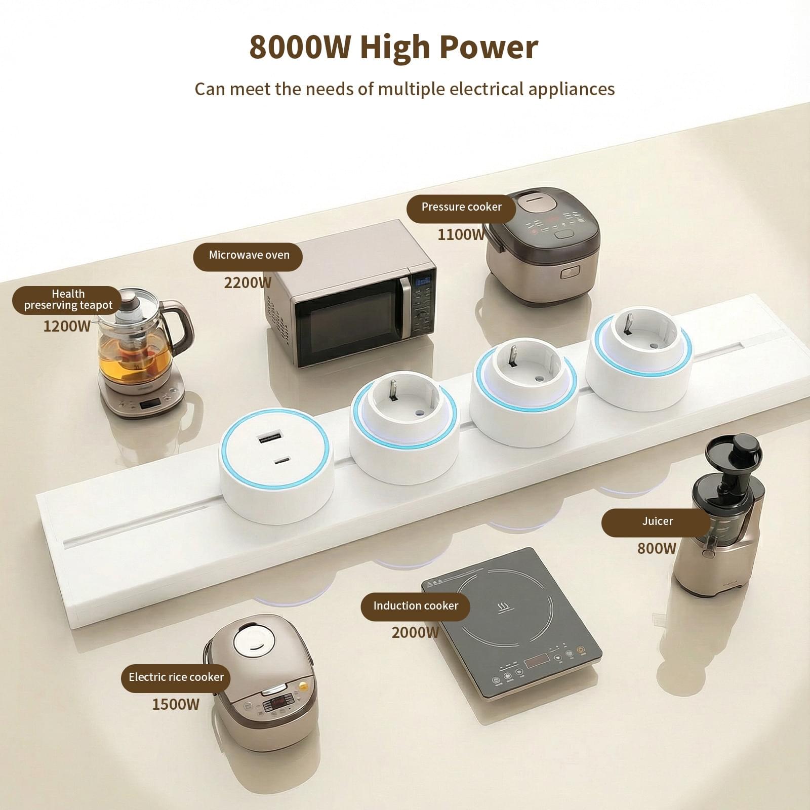 Sina modulara prize onuvio® 100cm, 8000w, 7 adaptoare (6x priza eu cu impamantare + 1x usb + type-c), montaj perete/blat, sistem premium birou/bucatarie, alb