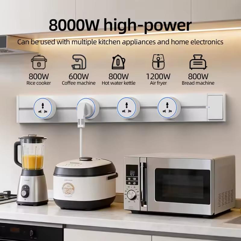 Sina modulara prize onuvio® 100cm, 8000w, 7 adaptoare (6x priza eu cu impamantare + 1x usb + type-c), montaj perete/blat, sistem premium birou/bucatarie, alb