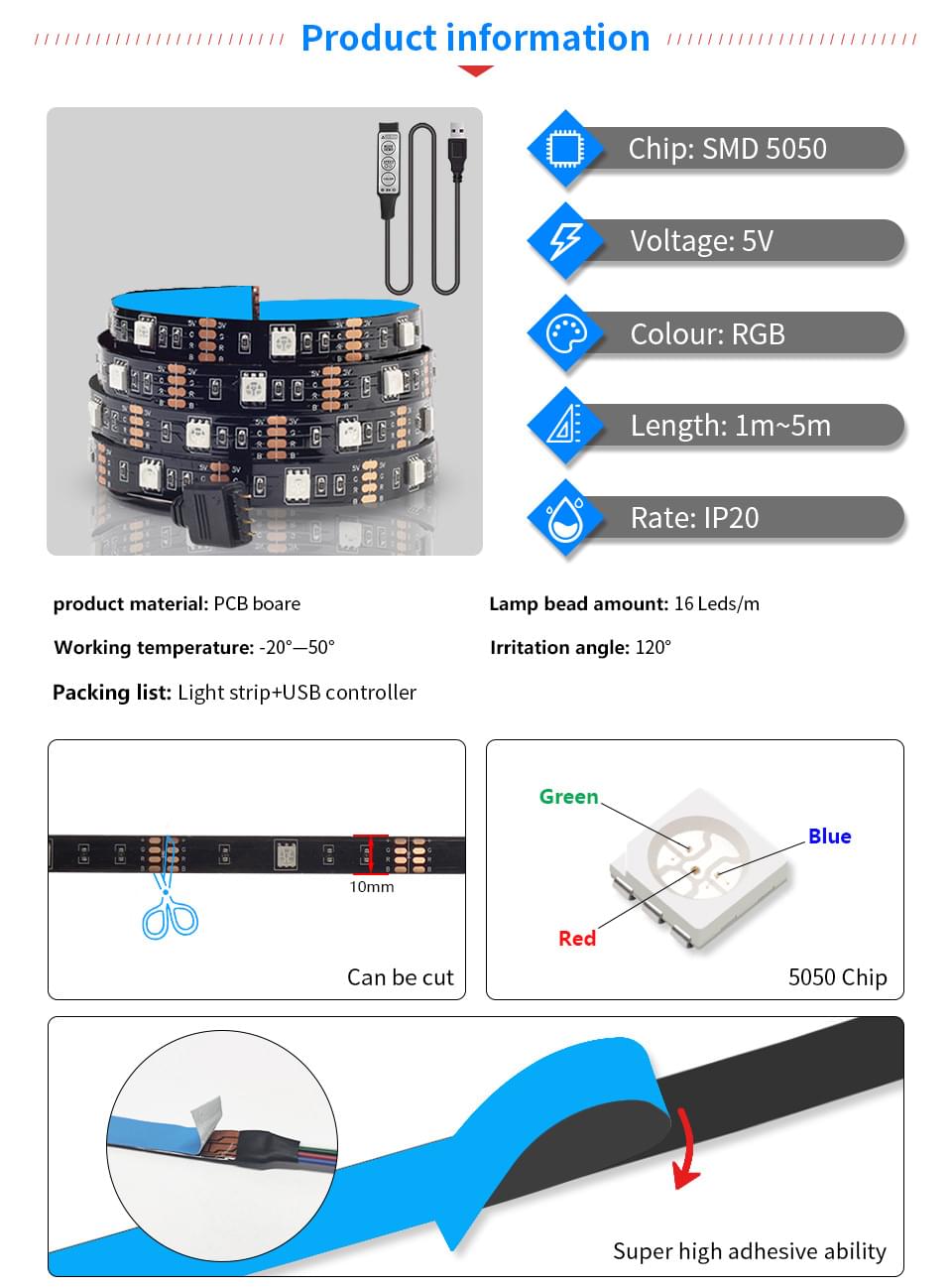 Banda led rgb smd5050, 5 metri,  cu aplicație pentru smartphone pentru iluminare ambientala